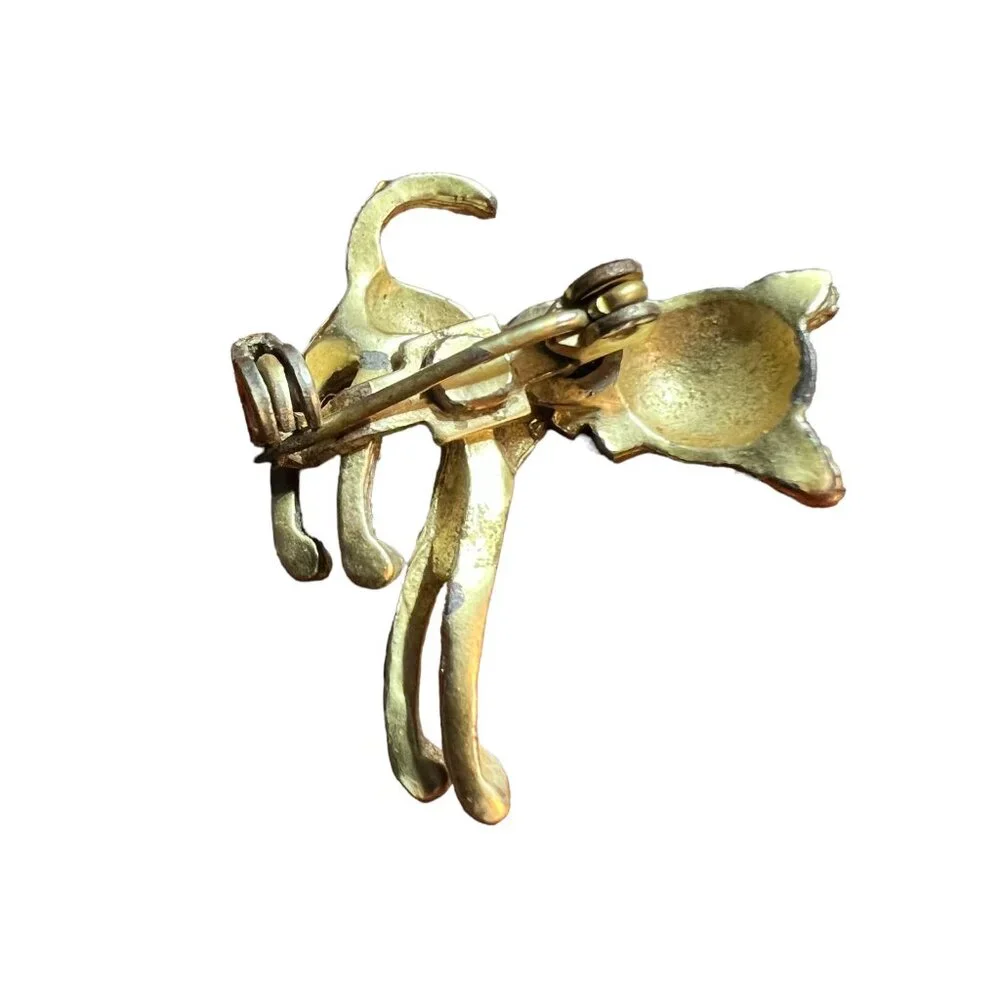 Cat Brooch Gold Tone‎ Red Tie Articulated Moving Head Vintage Kitten Pin